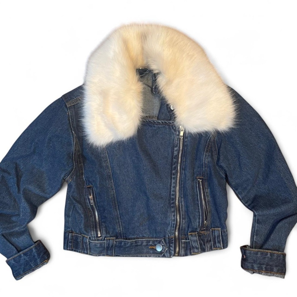 Meshki Blue Jean Jacket with White Faux Fur Collar